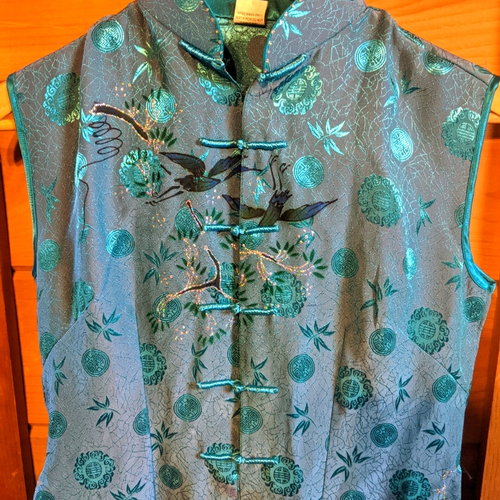 Teal hand-painted Ao Dai Tunic, size 8